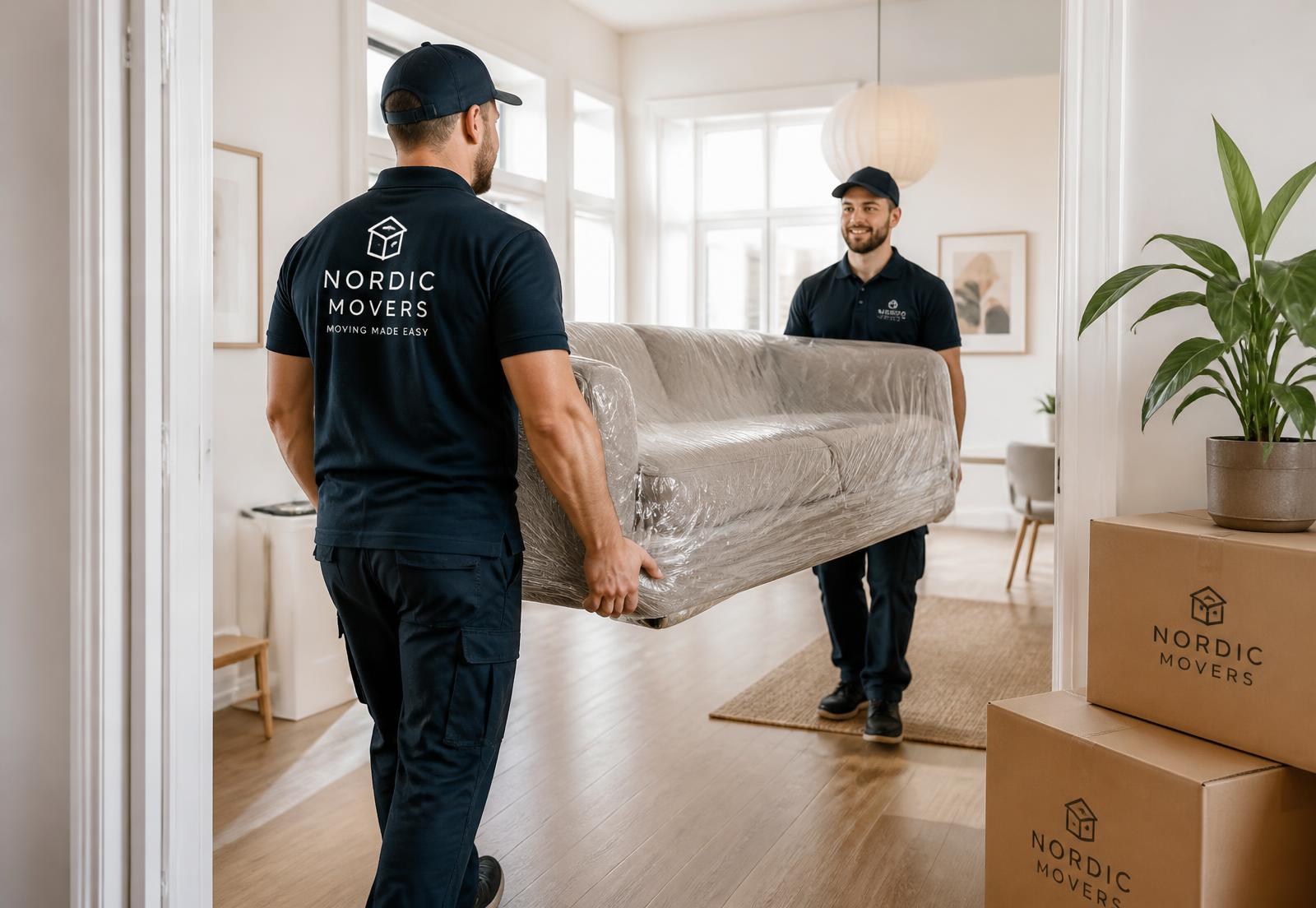 Flyttpersonal bär in en inplastad soffa i en ljus lägenhet